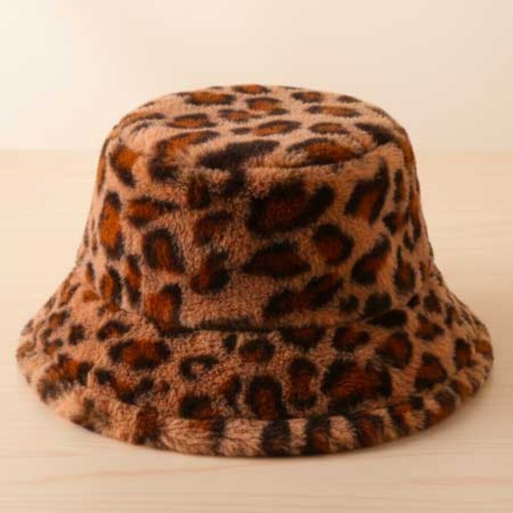 Ladies Fuzzy Leopard Print Bucket Hat - Picture 3 of 11